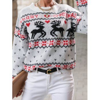 

Christmas Sweater Elk Heart Print Graphic Sweater Long Sleeve Pullover Sweater, Multicolor