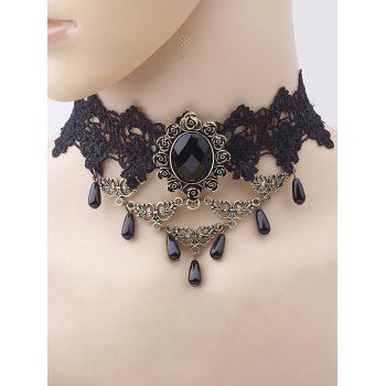 Gothic Choker Faux Gem Beaded Lace Necklace