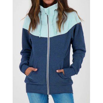 

Colorblock Fleece Liner Track Jacket Zip Up Drawstring Stand-up Collar Sport Jacket, Blue