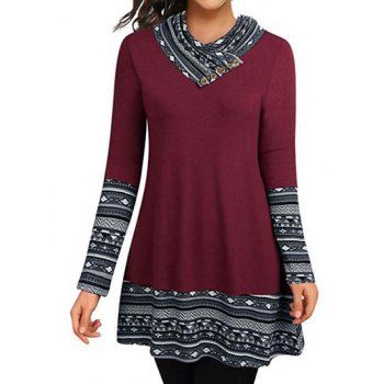 

Tribal Print Top Ethnic Top Crossover Mock Button Full Sleeve Long Top, Multicolor