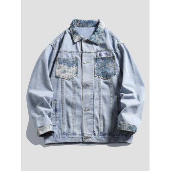 

Flower Patches Denim Jacket Button Up Turndowm Collar Casual Jean Jacket, Blue