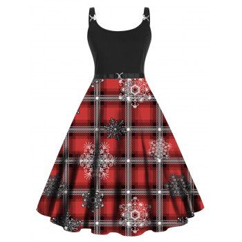 

Plus Size Dress Christmas Dress Snowflake Plaid Print High Waisted Twisted A Line Midi Dress, Red
