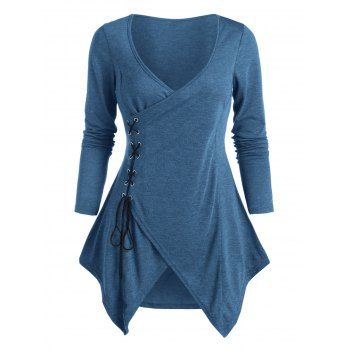 

Plus Size Top Plain Color Side Lace Up Asymmetric Wrap Long Sleeve Top, Deep blue