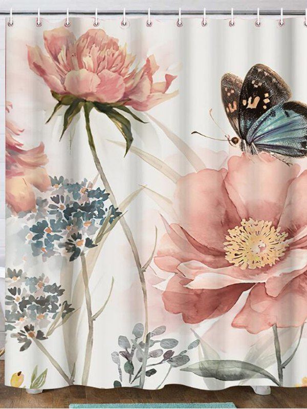 Rideau de Douche Imperméable à Imprimé Fleurs et Papillons - multicolor W59 X L71 INCH