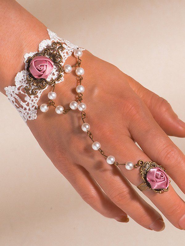 Bracelet en Dentelle à Rose avec Fausse Perle avec Bague - Blanc 