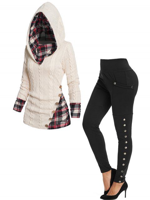 Twisted Cable Knit Plaid Print Hooded Sweater And Pocket Snap Button Side Leggings Casual Outfit