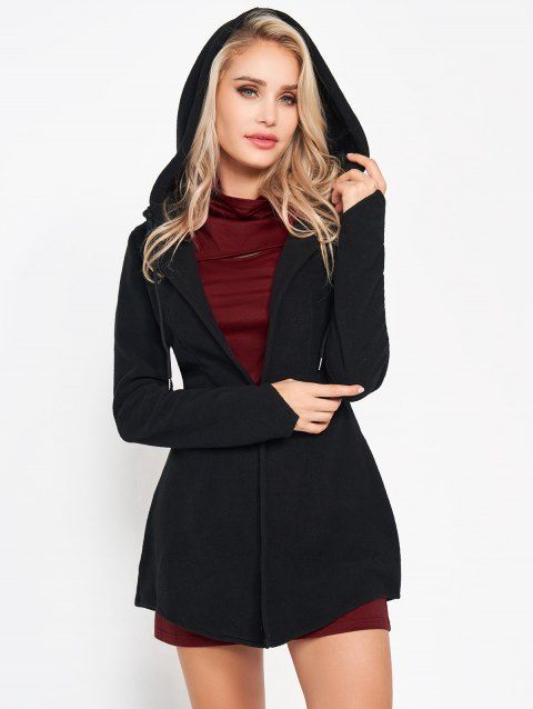 Open Front Hooded Fleece Coat And Cut Out Turtleneck Short Sleeve Mini Tee Dress Two Piece Set