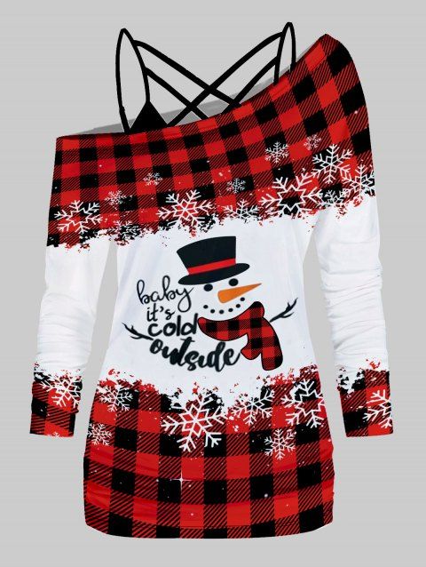 Christmas Snowman Snowflake Plaid Graphic Skew Collar Long Sleeve Top And Crisscross Camisole Two Piece Set