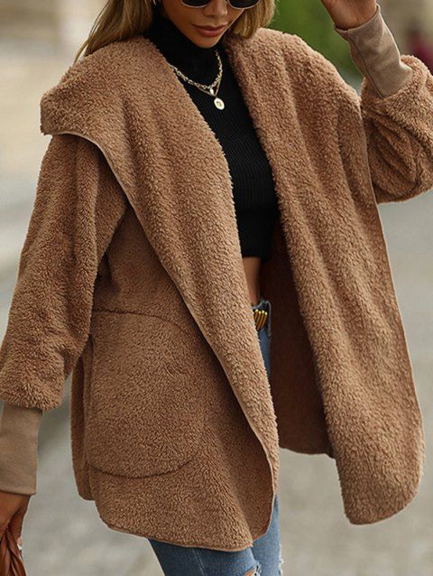 Faux Fur Coat Plain Color Hooded Coat Side Pocket Full Sleeve Long Coat