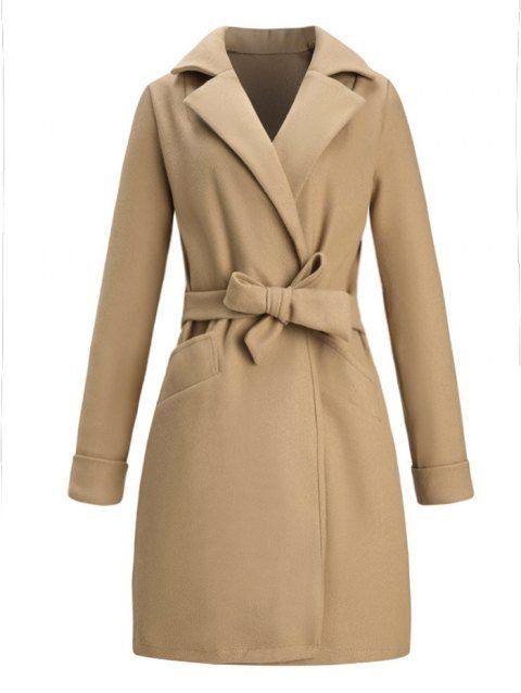 Solid Color Open Front Long Coat Lapel Collar Front Pockets Belted Outdoor Coat