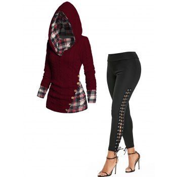 

Twisted Cable Knit Plaid Print Hooded Sweater And Lace Up Plain Skinny Pants Casual Outfit, Multicolor