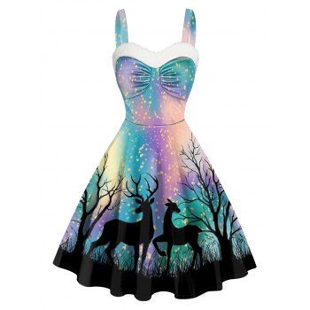 

Christmas Elk Tree Pastel Print Mini Dress Sleeveless Faux Fur Panel Sweetheart Neck Cami Dress, Multicolor a