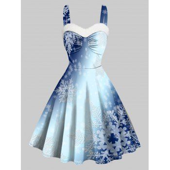 

Christmas Snowflake Print Mini Dress Sweetheart Neck Faux Fur Panel Sleeveless Cami Dress, Deep blue