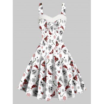

Christmas Cap Skull Snowflake Candy Allover Print Mini Dress Faux Fur Panel Sleeveless Sweetheart Neck Cami Dress, White