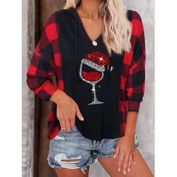 

Plaid Print T Shirt Hooded T Shirt Christmas Hat Glass Print Casual Tee, Black