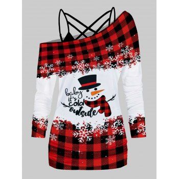 

Christmas Snowman Snowflake Plaid Graphic Skew Collar Long Sleeve Top And Crisscross Camisole Two Piece Set, Red