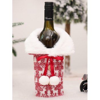 

Christmas Tree Elk Print Faux Fur Fuzzy Balls Decorative Wine Bottle Bag, Red