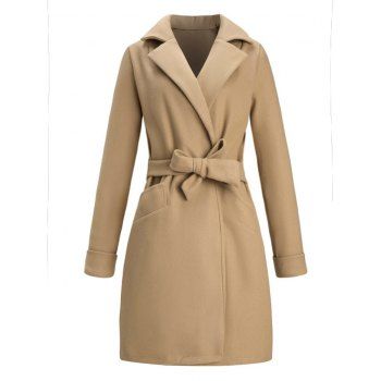 

Solid Color Open Front Long Coat Lapel Collar Front Pockets Belted Outdoor Coat, Light coffee