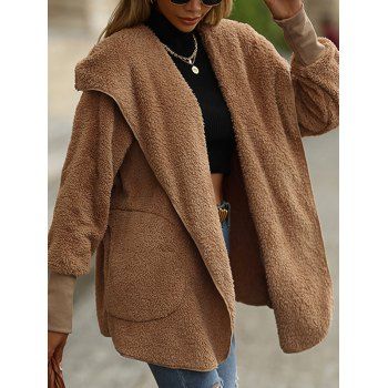 

Faux Fur Coat Plain Color Hooded Coat Side Pocket Full Sleeve Long Coat, Coffee