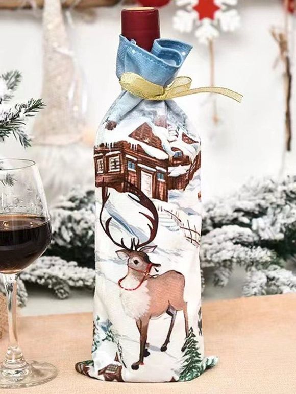 Sac à Bouteille de Vin Imprimé Décoration de Fête de Noël - Blanc 