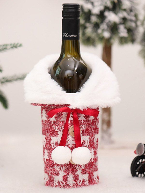 Sac de Bouteille de Vin de Noël Décorative Boule Fourrée en Fausse Fourrure - Rouge 
