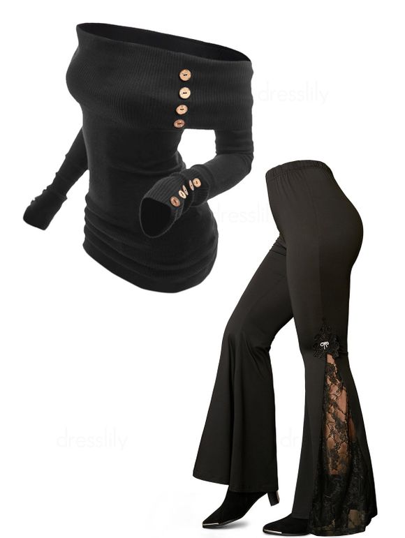 Ensemble de Pull Décontracté Fleur en Dentelle Insérée à Epaule Dénudée avec Faux Bouton et Pantalon Evasé - Noir S