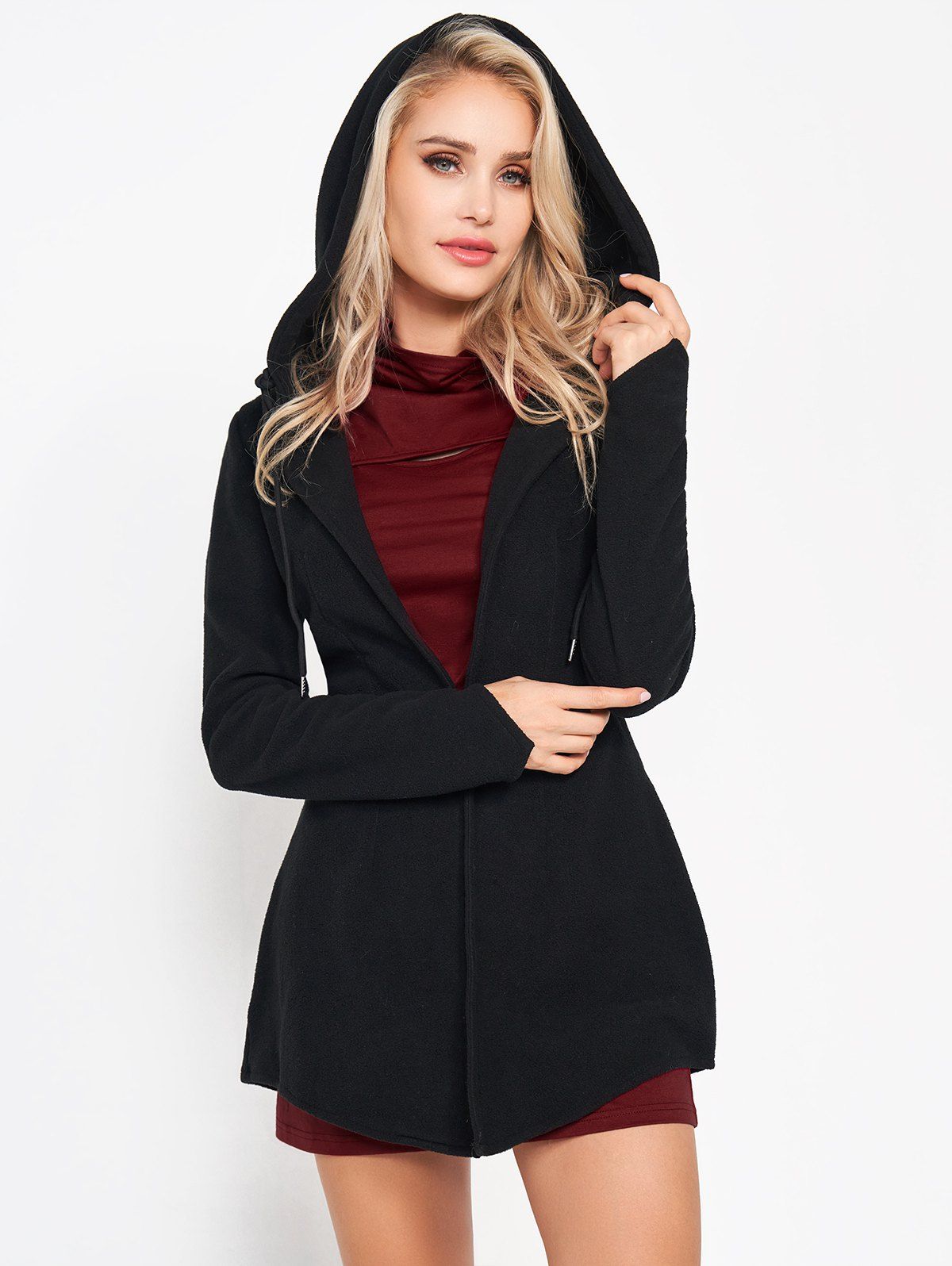 Open Front Hooded Fleece Coat And Cut Out Turtleneck Short Sleeve Mini Tee Dress Two Piece Set - BLACK XL