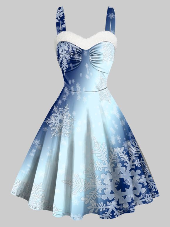 Mini Robe de Noël à Imprimé Flocon de Neige Panneau en Fausse Fourrure sans Manches à Bretelle - Bleu profond M