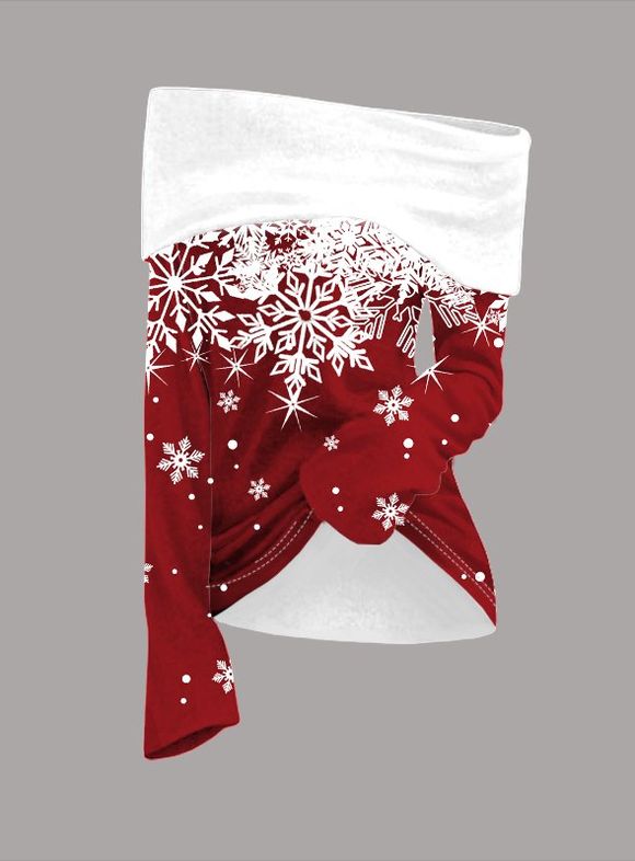 T-shirt à Épaules Dénudées à Manches Longues Motif Flocons de Neige de Noël - Rouge foncé XXL