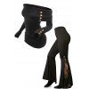Ensemble de Pull Décontracté Fleur en Dentelle Insérée à Epaule Dénudée avec Faux Bouton et Pantalon Evasé - Noir S