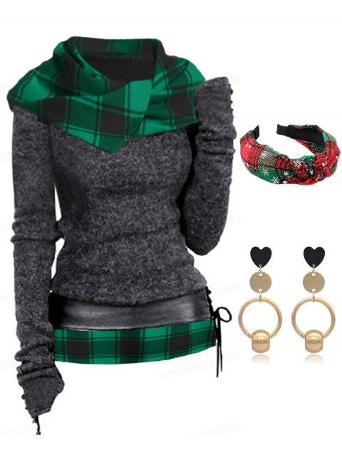 Plaid Hooded Knit Top With Lace-up Belt And Snowflake Knotted Hairband Heart Geometric Earrings Casual Outfit