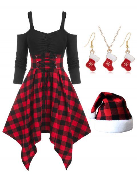 Cold Shoulder Lace Up Plaid Irregular Dress And Christmas Cap Snowflake Socks Necklace Earrings Outfit
