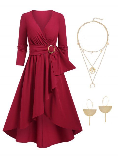 O Ring High Low Overlap Surplice Midi Dress And Map Moon Layered Necklace Drop Earrings Outfit