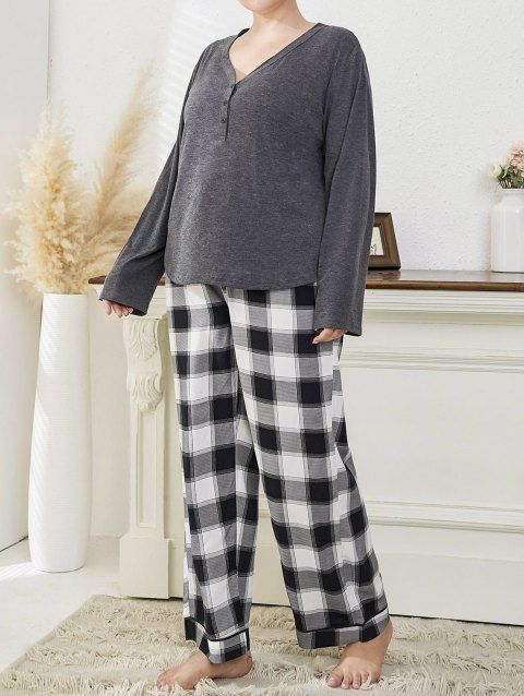 Plus Size Sleepwear Heather Button Top And Plaid Print Stright Leg Pants Casual Loungewear Set