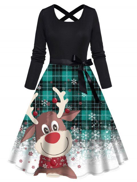 Christmas Snowflake Plaid Elk Print A Line Dress Crisscross Bowknot Belted Long Sleeve Dress