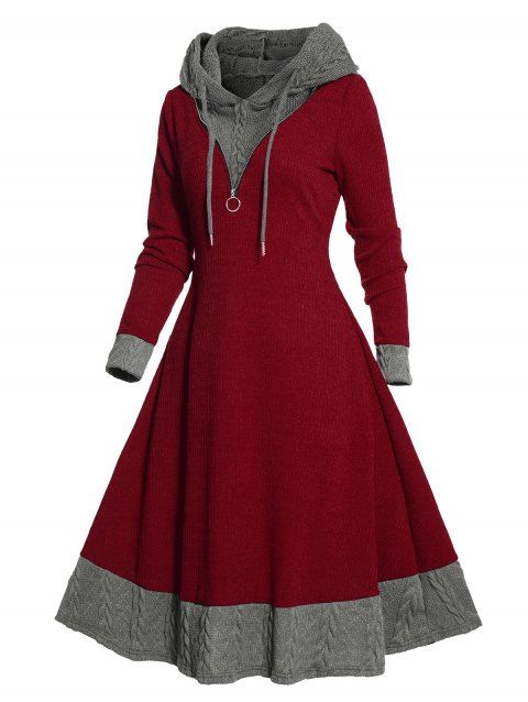 Colorblock Textured Knit Hooded Dress O Ring Zipper Long Sleeve Drawstring Hood Knitted Dress