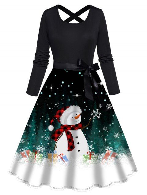 Christmas Snowflake Snowman Print A Line Dress Crisscross Bowknot Belted Long Sleeve Dress