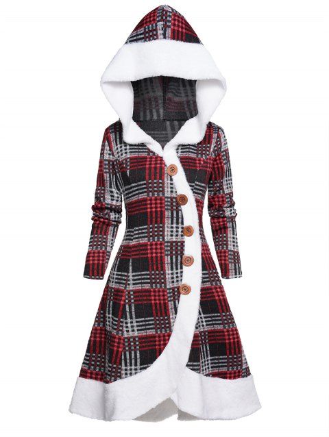 Plaid Print Dress Mock Button Faux Fur Asymmetrical Hem Long Sleeve High Waisted Hooded Dress