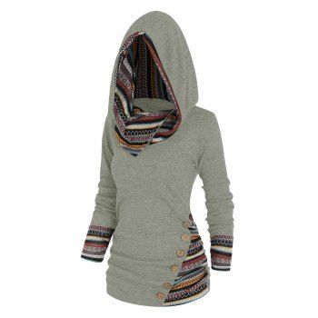 

Tribal Geometric Stripe Panel Hooded Knit Top Long Sleeve Mock Button Knitted Top, Light green