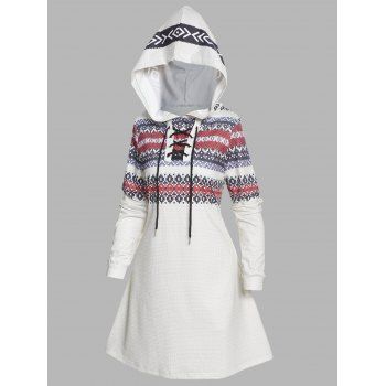 

Ethnic Style Hoodie Dress Lace Up Printed Long Sleeve A Line Mini Hooded Dress, Light coffee