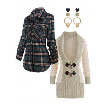 

Colorblock Horn Button Sweater Plaid Print Pocket Patches Shirt And Heart Geometric Earrings Casual Outfit, Multicolor