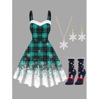 

Snowflake Plaid Print Faux Fur Dress And Necklace Drop Earrings Set Socks Christmas Outfit, Green