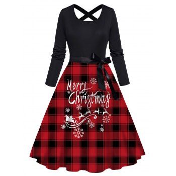 

Christmas Plaid Graphic Print A Line Dress Crisscross Bowknot Belted Long Sleeve Dress, Black