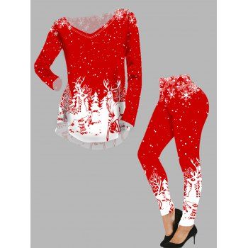 

Snowflake Tree Elk Print Curved Hem T Shirt And High Waisted Leggings Christmas Outfit, Red