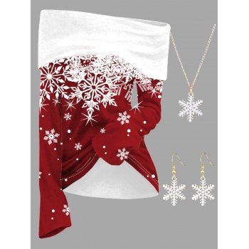 

Snowflake Foldover Knit Top And Necklace Drop Earrings Set Christmas Outfit, Red