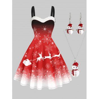 

Faux Fur Elk Snowflake Print Dress And Rhinestone Snowman Necklace Drop Earrings Set Christmas Outfit, Red