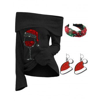 

Off the Shoulder Wine Glass Print Foldover Long Sleeve Top And Christmas Cap Drop Earrings Snowflake Hairband Outfit, Black