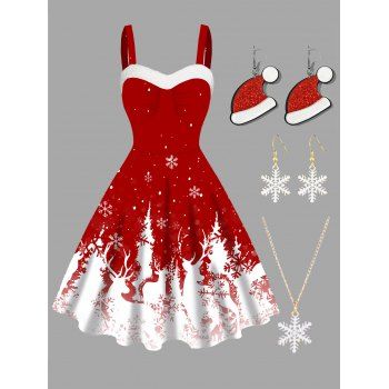 

Christmas Elk Snowflake Print A Line Mini Cami Dress And Cute Necklace Earrings Outfit, Red