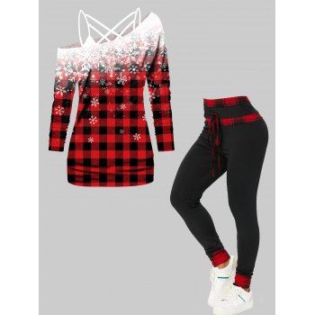 

Lattice Strap Cami Top Plaid Snowflake T Shirt And Bowknot Long Leggings Christmas Outfit, Multicolor