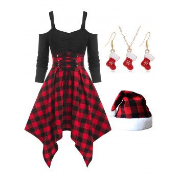 

Cold Shoulder Lace Up Plaid Irregular Dress And Christmas Cap Snowflake Socks Necklace Earrings Outfit, Red